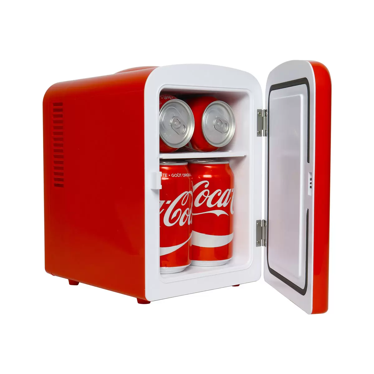 Front view of the vibrant red vintage Coca-Cola 4L mini fridge with retro latch handle, sitting on a modern wooden desk next to a smartphone.