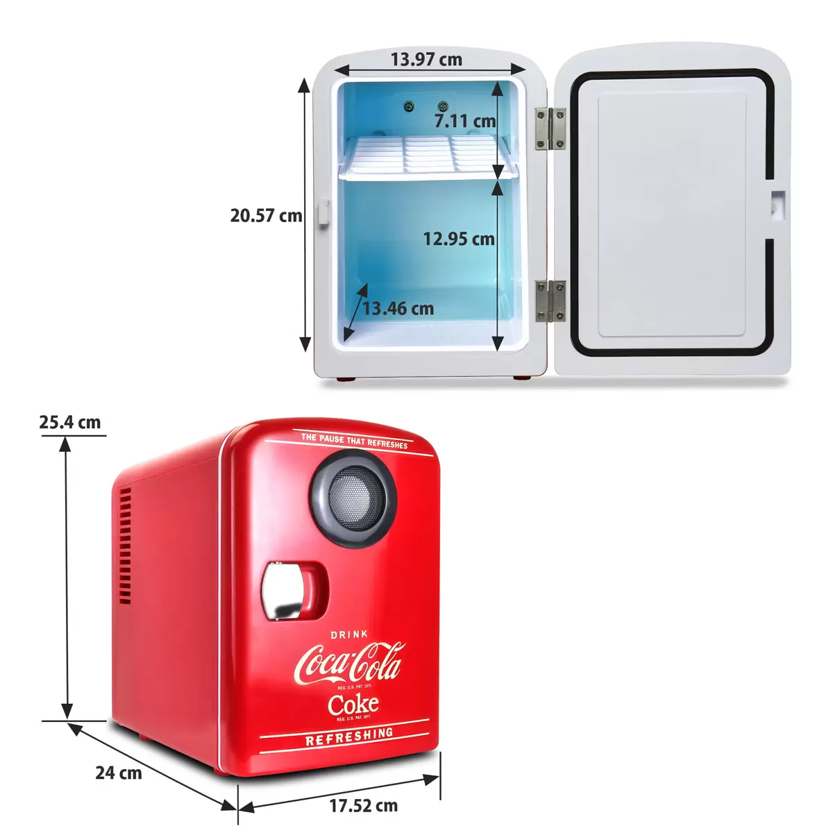 Front view of the vibrant red vintage Coca-Cola 4L mini fridge with retro latch handle, sitting on a modern wooden desk next to a smartphone.