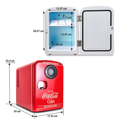 Front view of the vibrant red vintage Coca-Cola 4L mini fridge with retro latch handle, sitting on a modern wooden desk next to a smartphone.