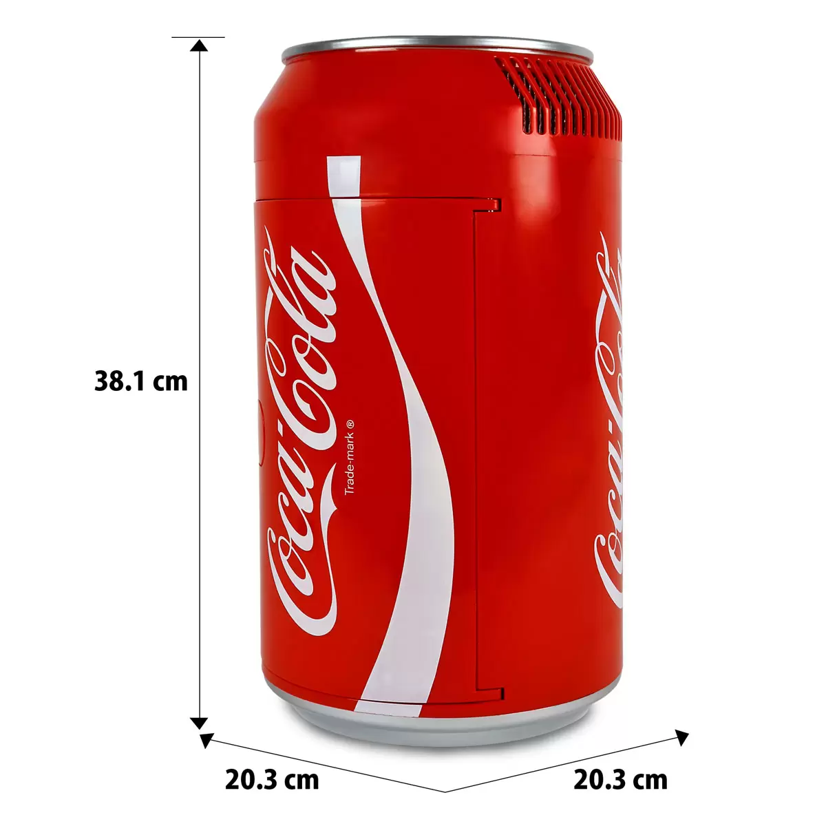Front view of the vibrant red Coca-Cola can-shaped mini fridge with silver pull-tab handle, standing on a white minimalist office desk next to a laptop.