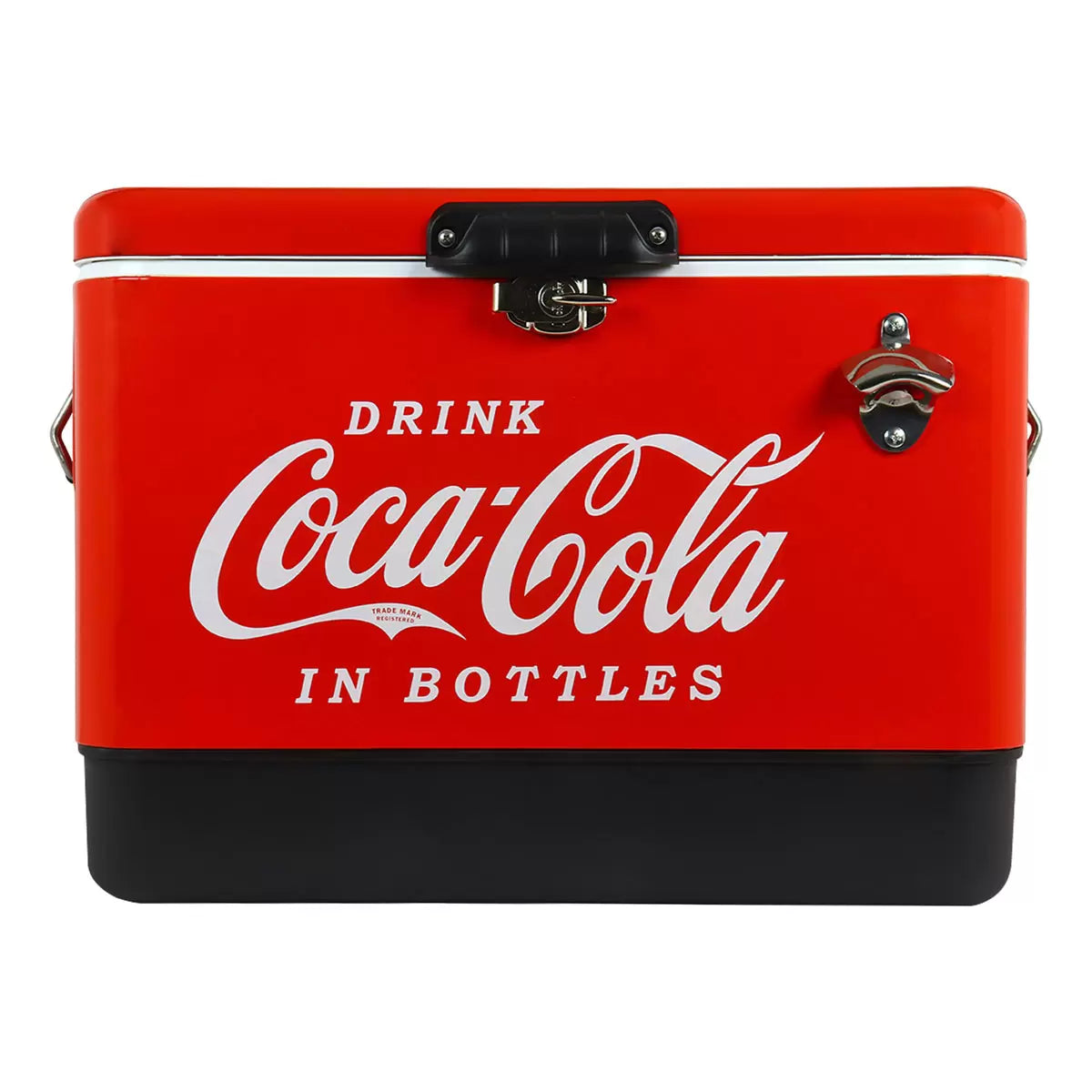 Red vintage style Coca-Cola 51L stainless steel ice chest cooler with built-in bottle opener standing on a rustic wooden patio table during an outdoor gathering.