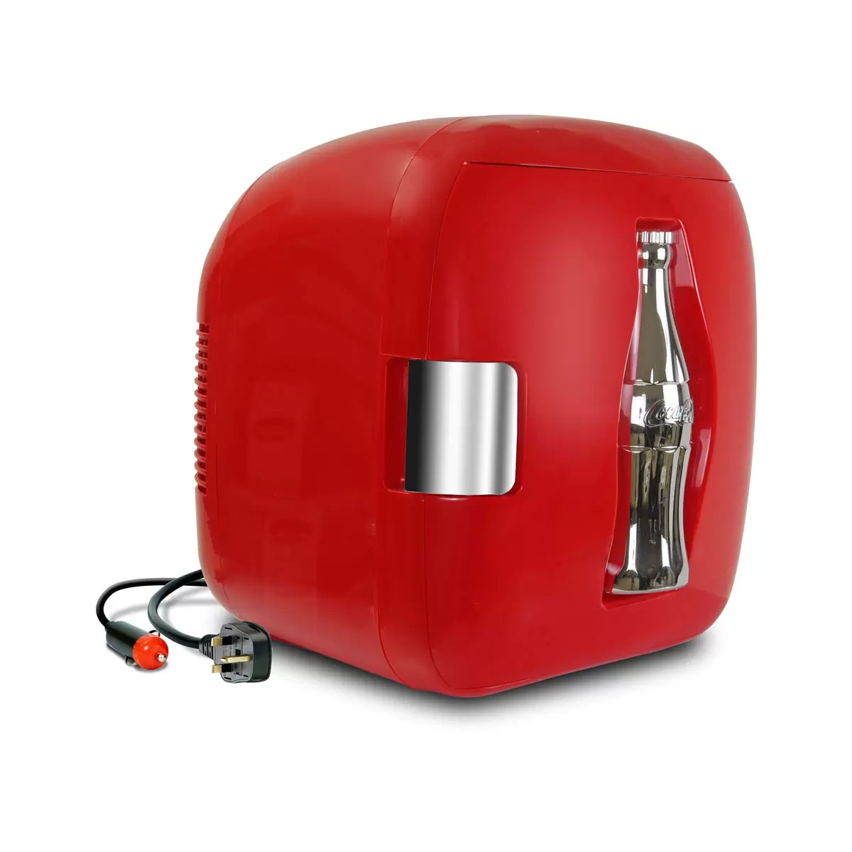 Front view of the compact red Coca-Cola Heritage 7.9L mini fridge on a sleek office shelf, highlighting the embossed 3D chrome contour bottle design on the door.