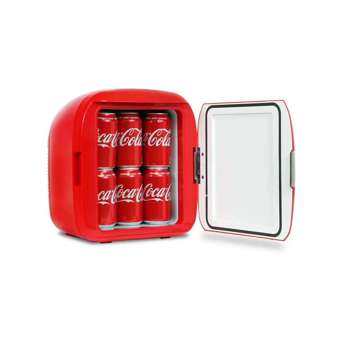 Front view of the compact red Coca-Cola Heritage 7.9L mini fridge on a sleek office shelf, highlighting the embossed 3D chrome contour bottle design on the door.