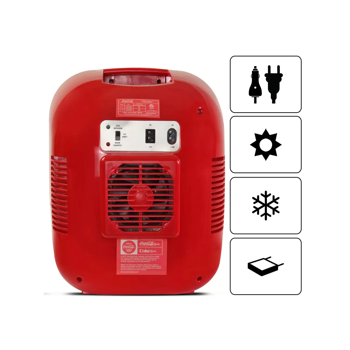 Front view of the compact red Coca-Cola Heritage 7.9L mini fridge on a sleek office shelf, highlighting the embossed 3D chrome contour bottle design on the door.