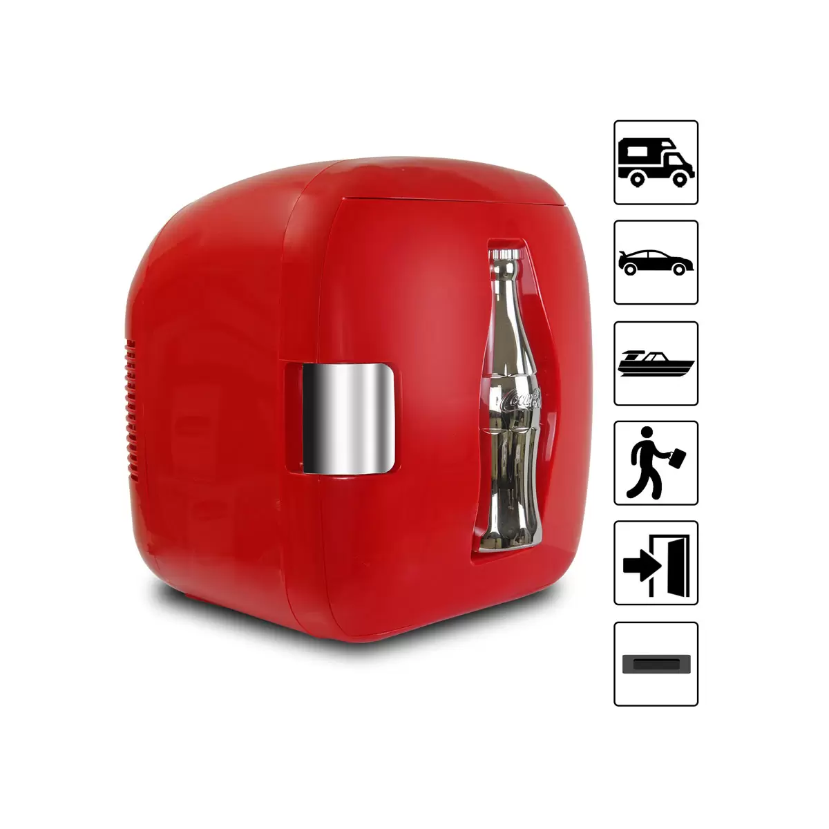Front view of the compact red Coca-Cola Heritage 7.9L mini fridge on a sleek office shelf, highlighting the embossed 3D chrome contour bottle design on the door.