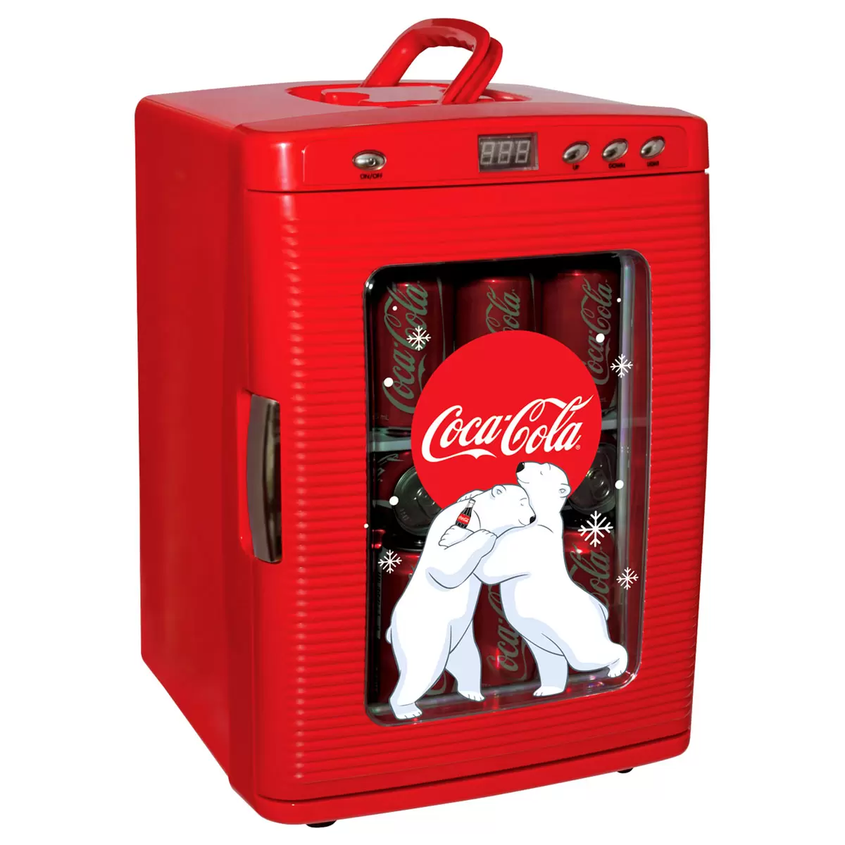 Vibrant red Coca-Cola 25L mini fridge with polar bear graphics and chrome handles, glowing with LED interior light through its tempered glass door on a sleek desk.