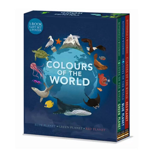 Colours of the World three-book hardback slipcase set displayed alongside an unfolded animal wall poster on a wooden desk.