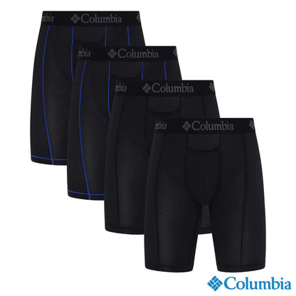 Front view of Columbia Men's Black Boxer Briefs 4-pack arranged neatly, showing smooth stretch-polyester texture and white brand logo waistband.