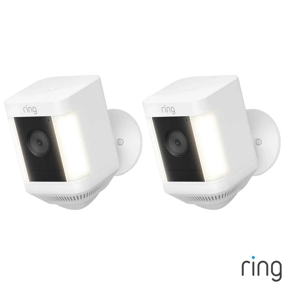 A pair of matte white Ring Battery Spotlight Cam Plus outdoor security cameras mounted to a clean exterior wall, showing the dual LED spotlights and wide-angle camera lens.