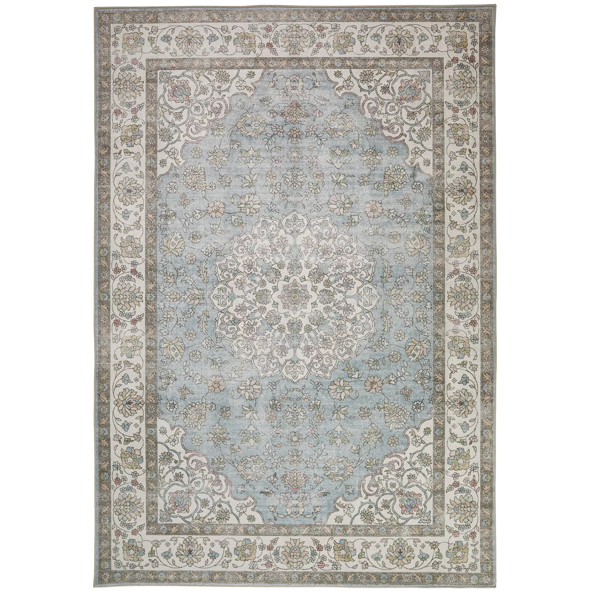 Top-down view of the Concept Looms Liberty Blue Washable Rug showcasing its rich blue vintage pattern and velvet short-pile texture on light hardwood flooring.
