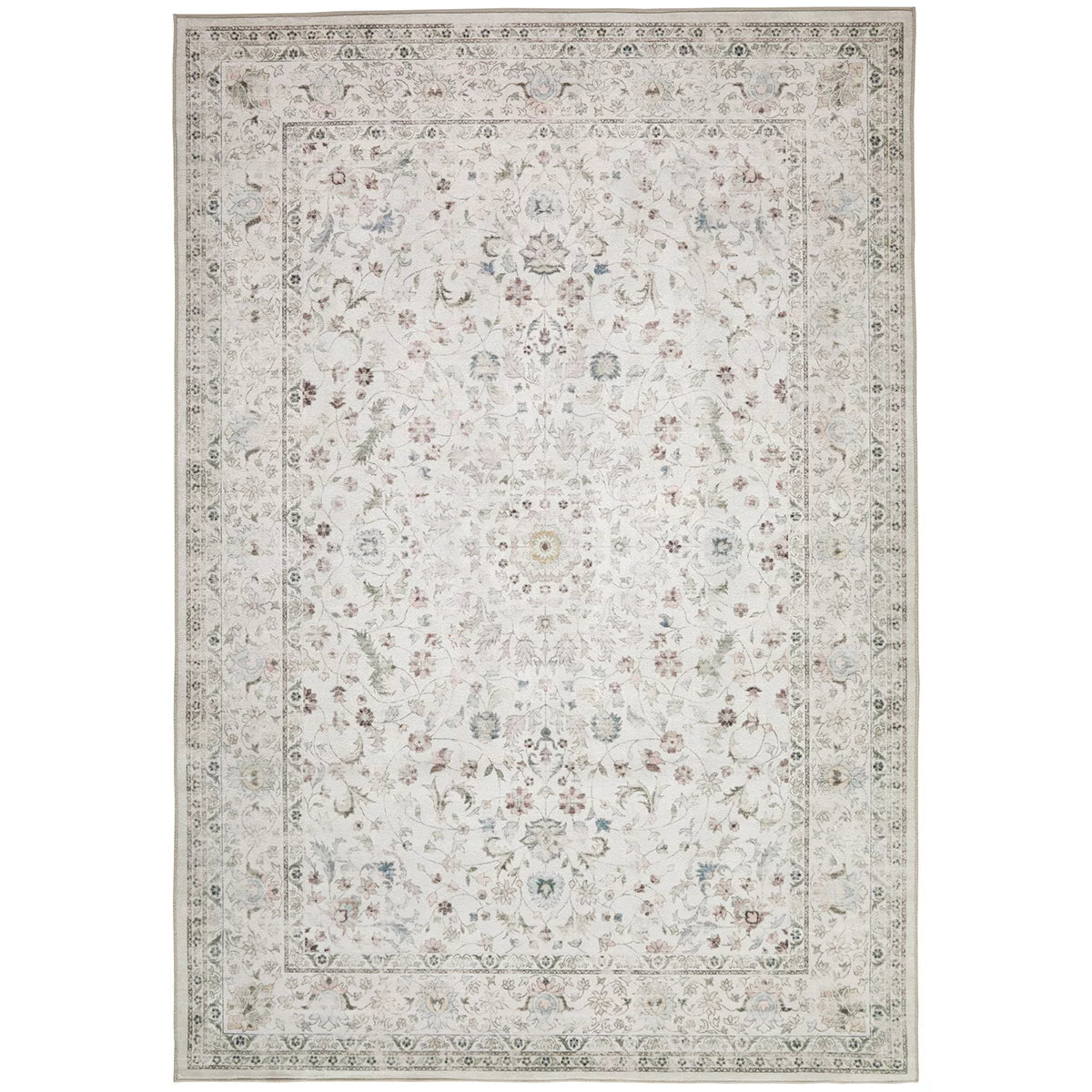 Flat-lay angle of the cream Concept Looms Liberty Washable Rug resting on a dark wood floor showing its soft 4mm velvet surface and finished edges.