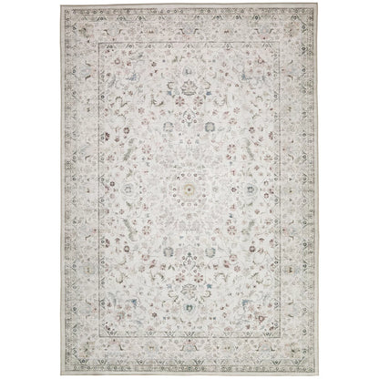 Flat-lay angle of the cream Concept Looms Liberty Washable Rug resting on a dark wood floor showing its soft 4mm velvet surface and finished edges.