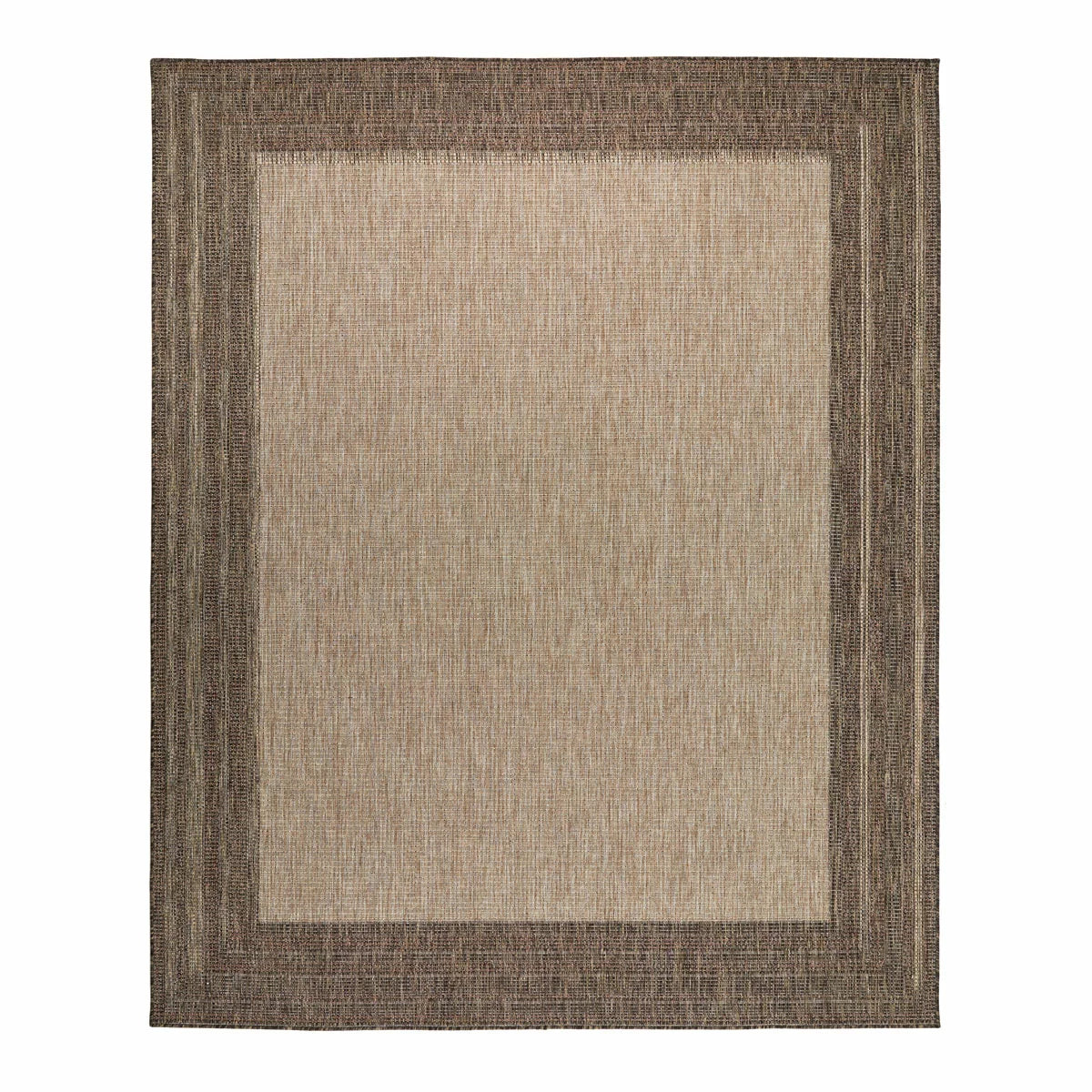 Concept Looms Sumac beige and brown textured flatweave rug styled on a sunny outdoor patio floor.