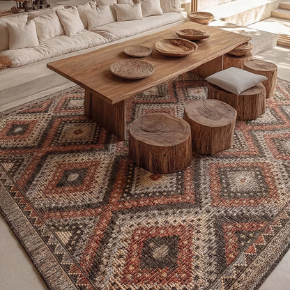 Concept Looms Sumac flatweave rug featuring warm brown and rust geometric patterns displayed on a outdoor wooden deck.