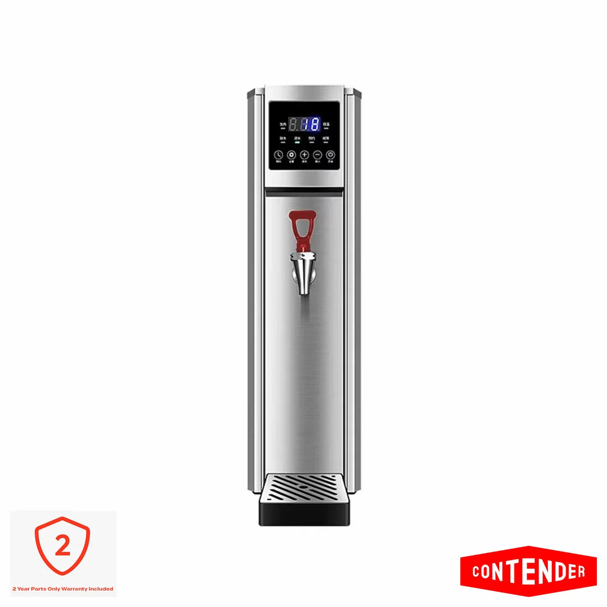 The stainless steel Contender BWA003 10L autofill water boiler, showcasing its slim profile, digital display, and dual-function tap, installed on a clean kitchen counter.