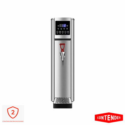 The stainless steel Contender BWA003 10L autofill water boiler, showcasing its slim profile, digital display, and dual-function tap, installed on a clean kitchen counter.