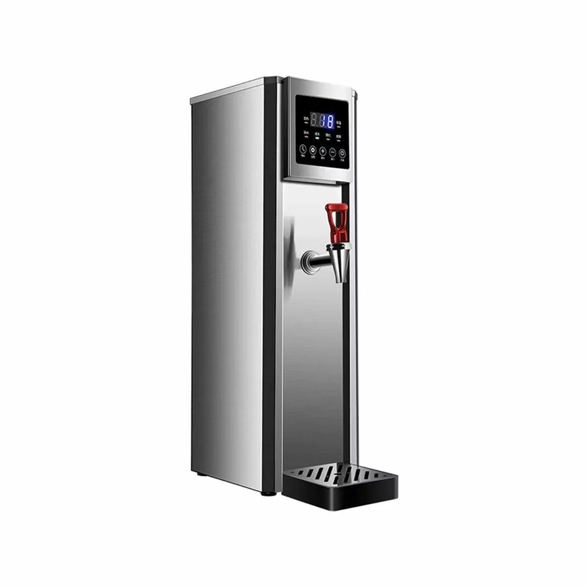 The stainless steel Contender BWA003 10L autofill water boiler, showcasing its slim profile, digital display, and dual-function tap, installed on a clean kitchen counter.