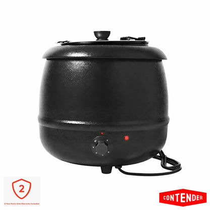 The black Contender EBW031 10L soup kettle showing its front temperature dial and stainless steel lid, positioned on a professional catering workspace.