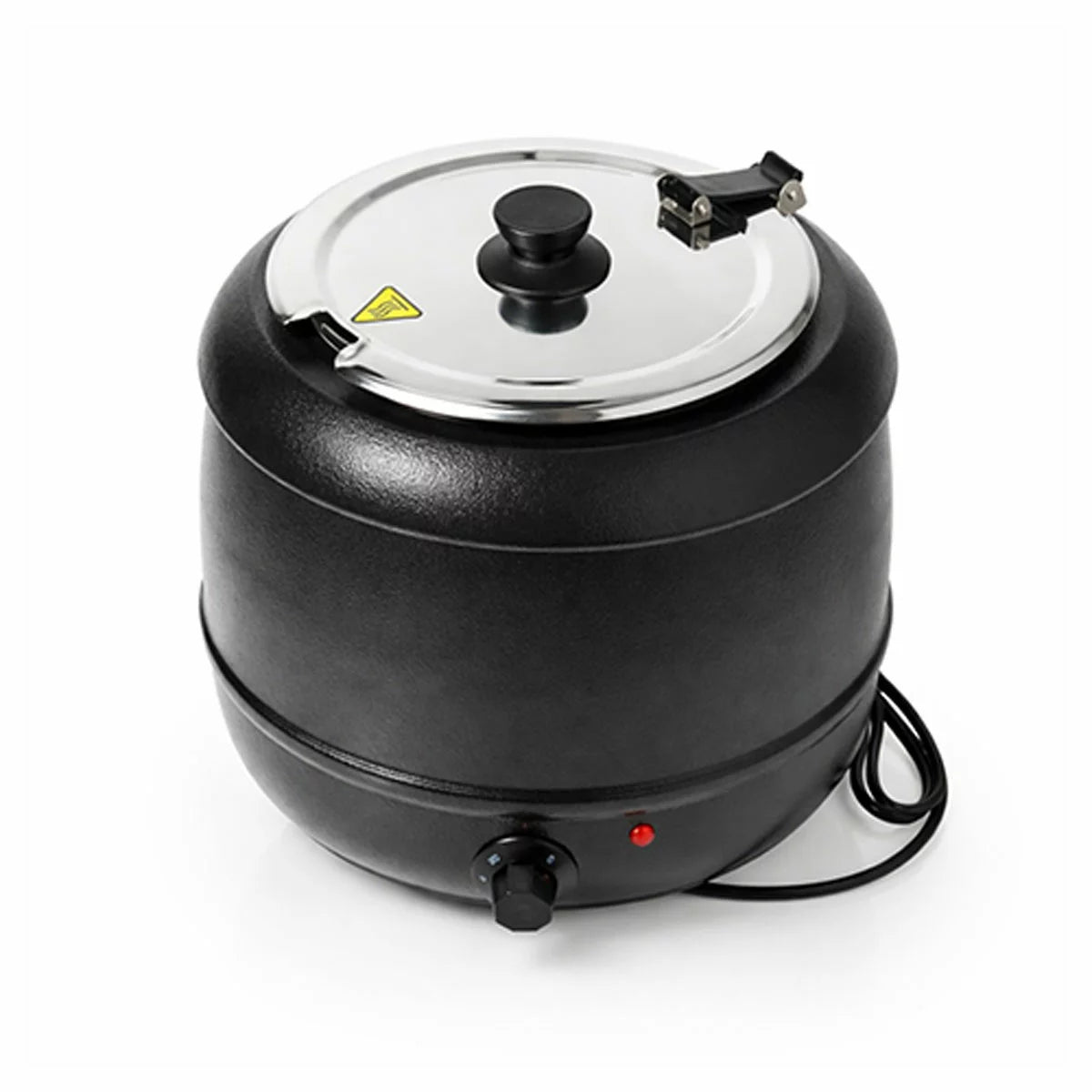 The black Contender EBW031 10L soup kettle showing its front temperature dial and stainless steel lid, positioned on a professional catering workspace.