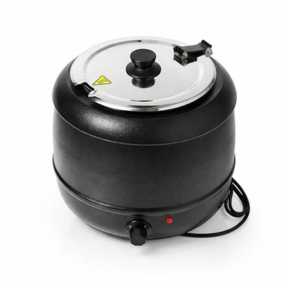 The black Contender EBW031 10L soup kettle showing its front temperature dial and stainless steel lid, positioned on a professional catering workspace.
