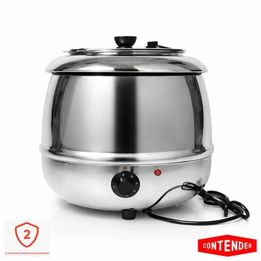 Stainless steel Contender EBW032 10L commercial soup kettle with front temperature control dial set on a commercial catering countertop