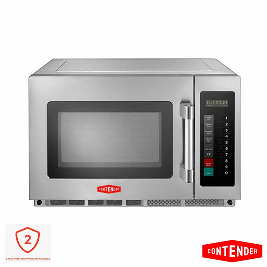 Front angle view of the stainless steel silver Contender MIC001 34L Commercial Microwave Oven with open side door showing the flatbed interior cavity.