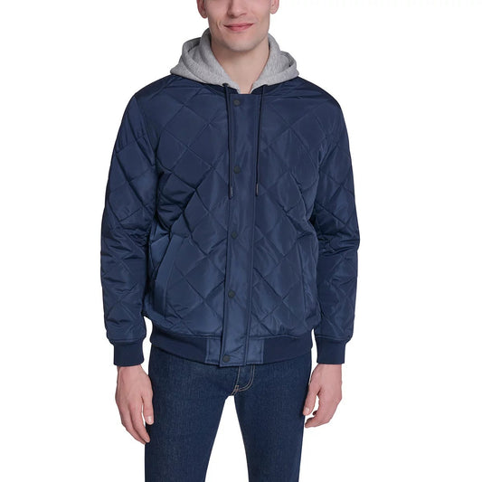 Converse men's black hooded bomber jacket with attached grey jersey hood, branded snaps, and arm logo patch shown on a model.