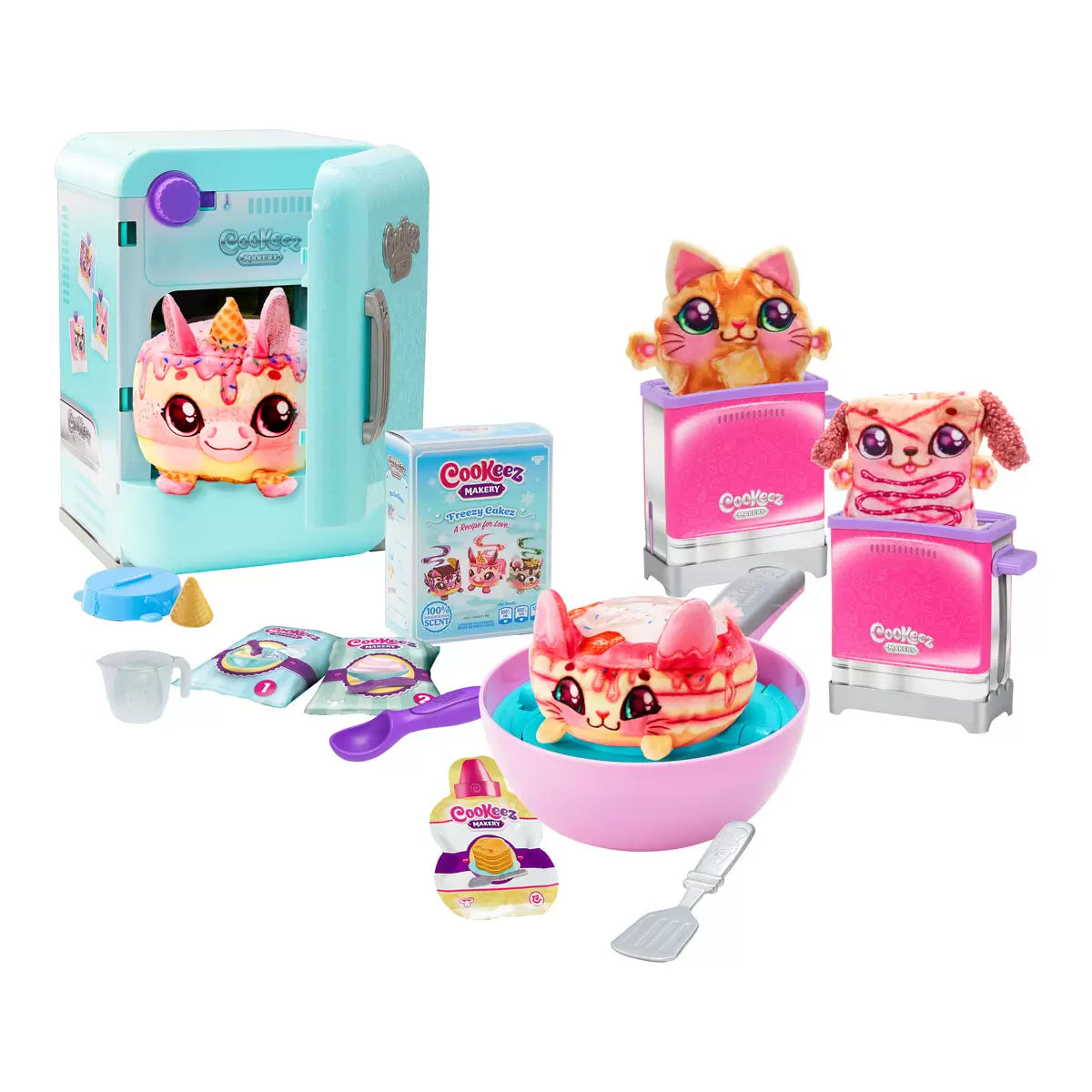 Front view of the Cookeez Makery Role-Play Bulk Set packaging displaying four colorful kitchen playsets, accessories, and four scented plush toys.