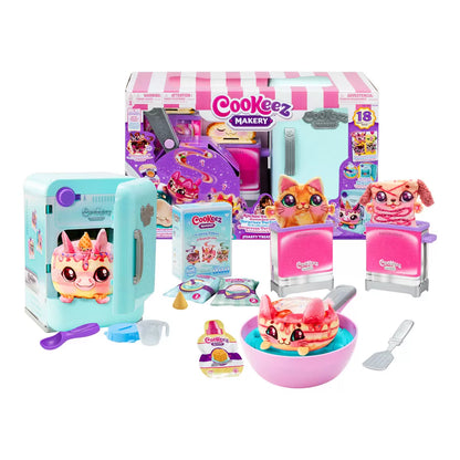 Front view of the Cookeez Makery Role-Play Bulk Set packaging displaying four colorful kitchen playsets, accessories, and four scented plush toys.