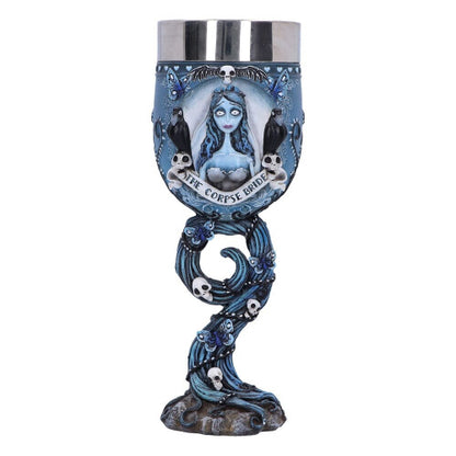 Close-up of the hand-painted Corpse Bride Emily resin goblet showing blue butterflies and skull root stem on a dark wooden table.
