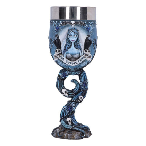 Close-up of the hand-painted Corpse Bride Emily resin goblet showing blue butterflies and skull root stem on a dark wooden table.