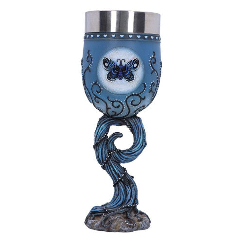 Close-up of the hand-painted Corpse Bride Emily resin goblet showing blue butterflies and skull root stem on a dark wooden table.