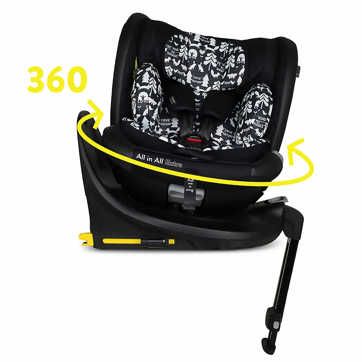 Cosatto All in All Extra i-Size 360 Car Seat in 8 Designs with rotating seat, extended rear-facing protection, and adjustable child safety features.