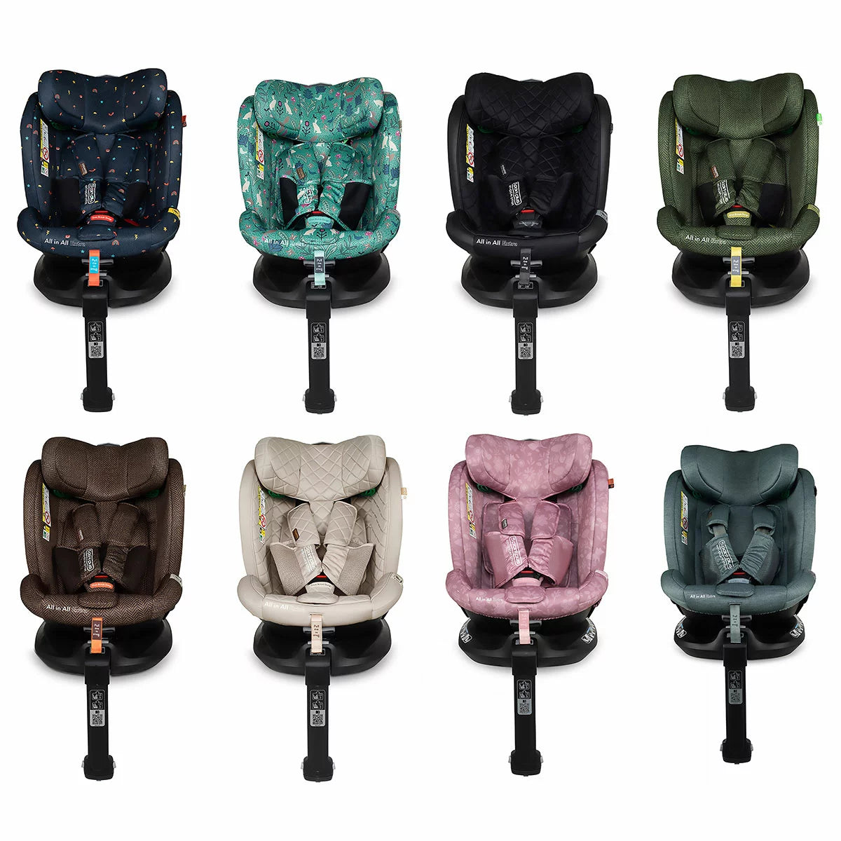 Cosatto All in All Extra i-Size 360 Car Seat in 8 Designs with rotating seat, extended rear-facing protection, and adjustable child safety features.