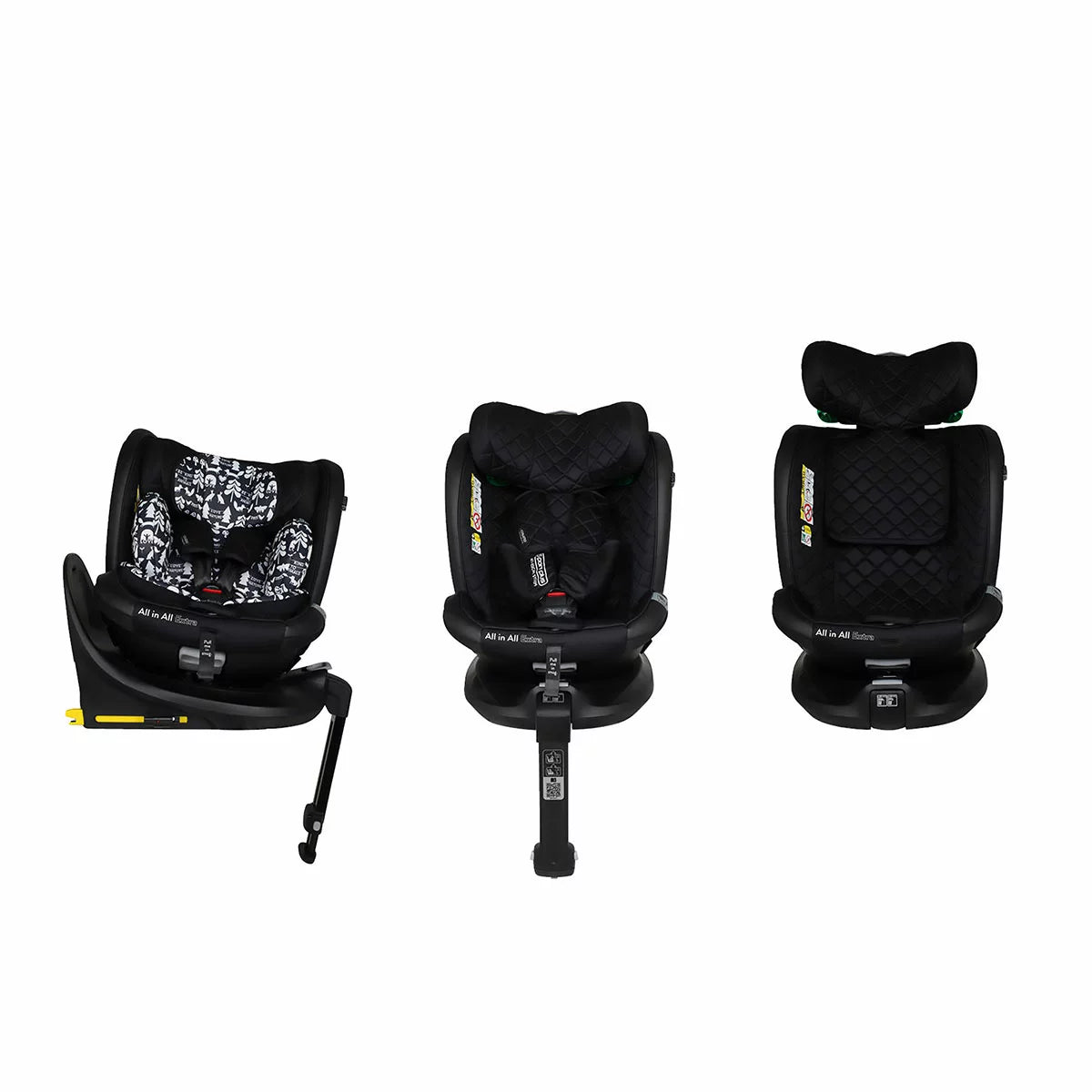 Cosatto All in All Extra i-Size 360 Car Seat in 8 Designs with rotating seat, extended rear-facing protection, and adjustable child safety features.