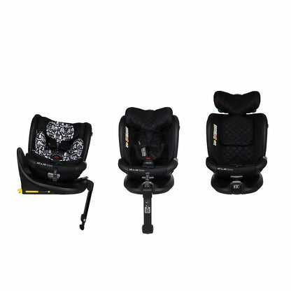 Cosatto All in All Extra i-Size 360 Car Seat in 8 Designs with rotating seat, extended rear-facing protection, and adjustable child safety features.