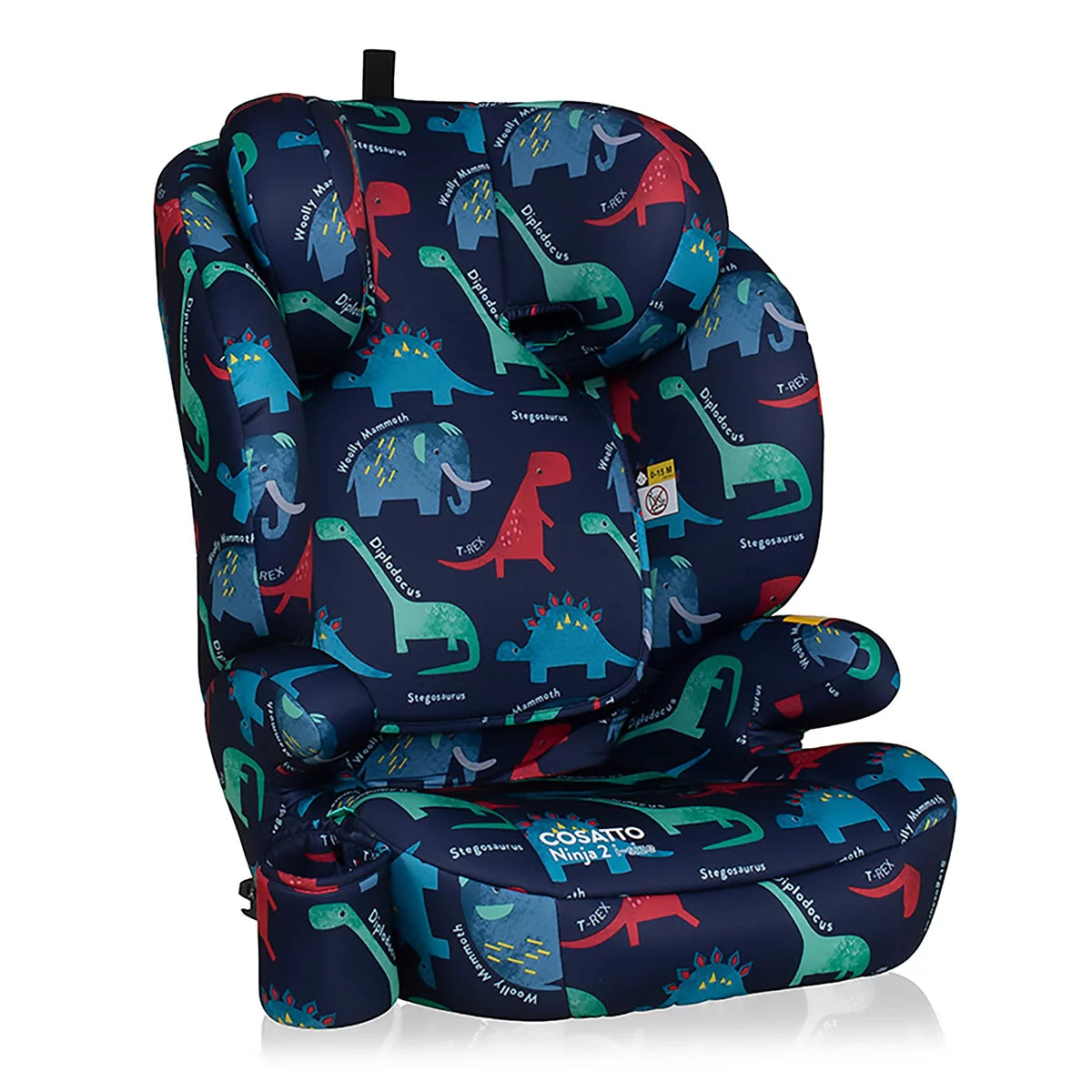 Cosatto Ninja 2 i-Size car seat in Carnival pattern showing the 10 position adjustable headrest and side impact wings.