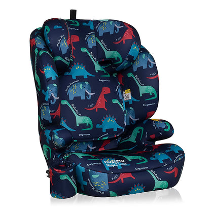 Cosatto Ninja 2 i-Size car seat in Carnival pattern showing the 10 position adjustable headrest and side impact wings.