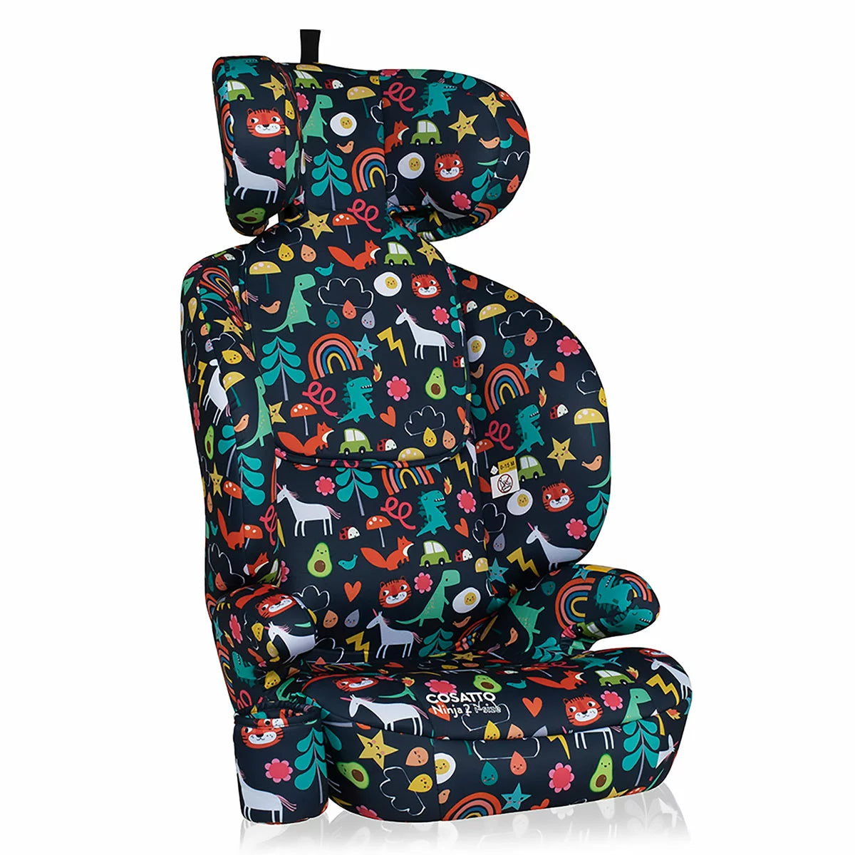 Cosatto Ninja 2 i-Size car seat in Carnival pattern showing the 10 position adjustable headrest and side impact wings.