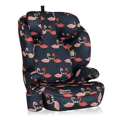 Cosatto Ninja 2 i-Size car seat in Carnival pattern showing the 10 position adjustable headrest and side impact wings.