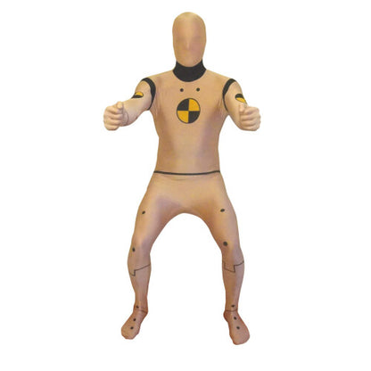 Front view of a man wearing a full-body yellow and black Crash Test Dummy Morphsuit with target symbol graphics against a plain background.