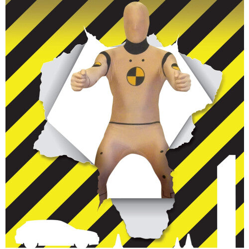 Front view of a man wearing a full-body yellow and black Crash Test Dummy Morphsuit with target symbol graphics against a plain background.