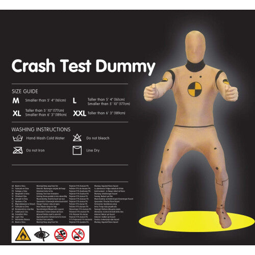 Front view of a man wearing a full-body yellow and black Crash Test Dummy Morphsuit with target symbol graphics against a plain background.