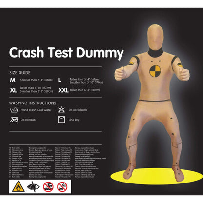 Front view of a man wearing a full-body yellow and black Crash Test Dummy Morphsuit with target symbol graphics against a plain background.