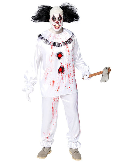 Front view of the Crazy Clown Adult Costume featuring a bright patterned jumpsuit with a matching collar against a dark studio background.