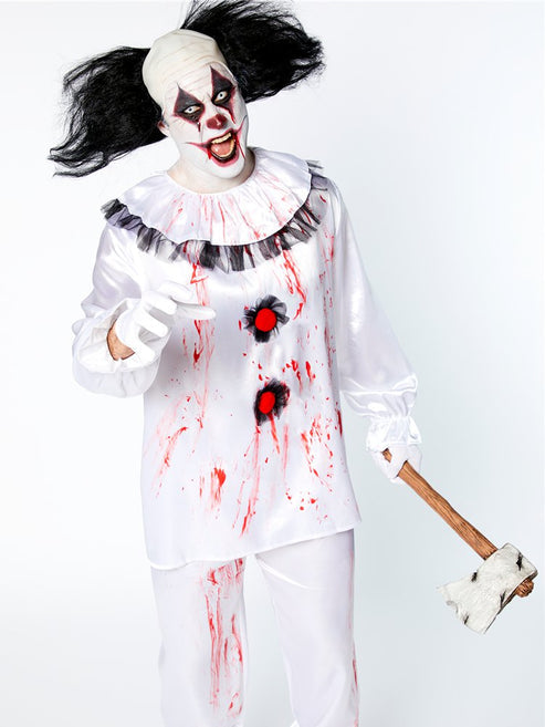 Front view of the Crazy Clown Adult Costume featuring a bright patterned jumpsuit with a matching collar against a dark studio background.