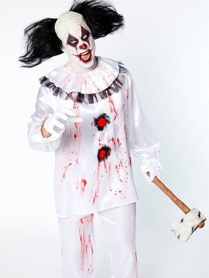 Front view of the Crazy Clown Adult Costume featuring a bright patterned jumpsuit with a matching collar against a dark studio background.