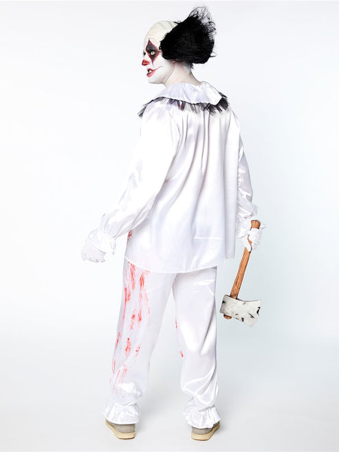 Front view of the Crazy Clown Adult Costume featuring a bright patterned jumpsuit with a matching collar against a dark studio background.
