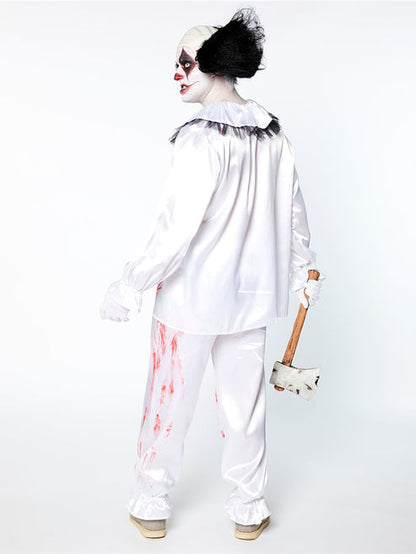 Front view of the Crazy Clown Adult Costume featuring a bright patterned jumpsuit with a matching collar against a dark studio background.