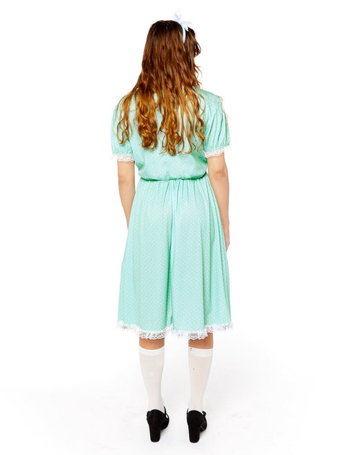 Front view of the Creepy Sister adult costume featuring a dark vintage dress with a crisp white lace collar and cuffs.